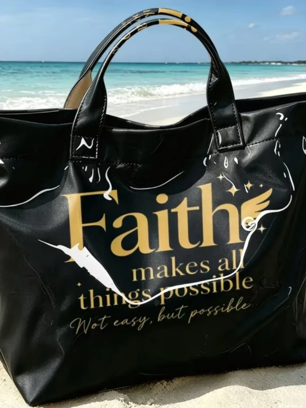 Inspirational Faith Bkack Gold Color Hand Tote Bag